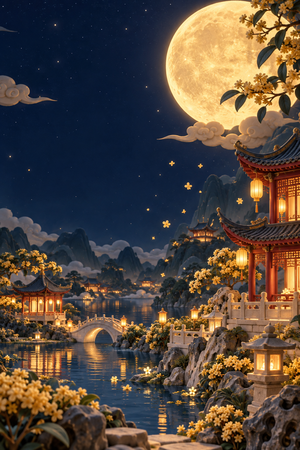 金色圆月下，灯火温暖的月宫